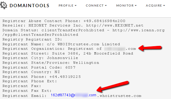 Registrant email is masked when a Whois guard is used for the domain. This email address might work.