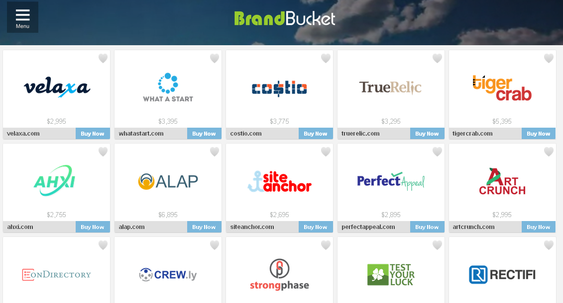 Homepage of BrandBucket: attractive presentation makes domain names more desirable