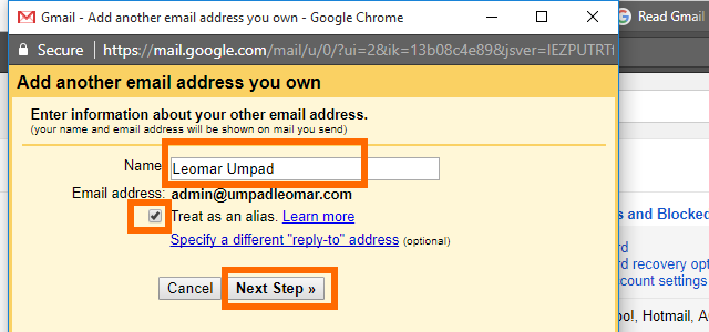 10. Gmail - Enter information about your custom domain email address